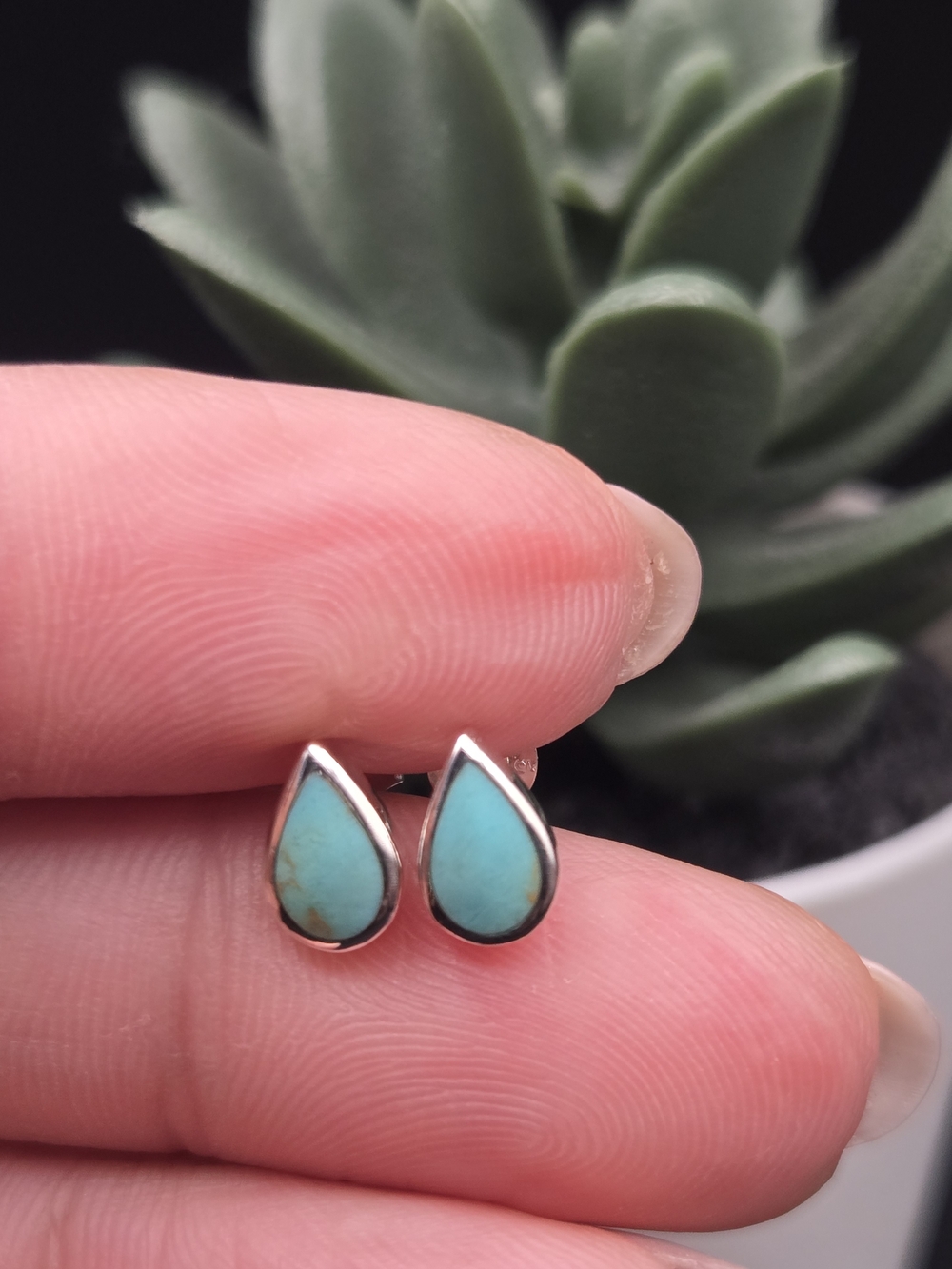 .925 Solid Sterling Silver Teardrop Turquoise Stud Earrings - Women Jewelry